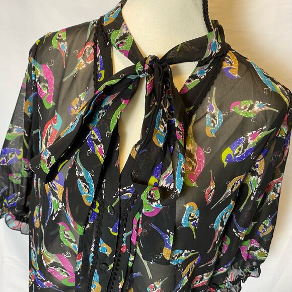Uttam Boutique Sheer Colorful Bird Tie Neck Button Down Blouse Size Medium - Picture 2 of 15